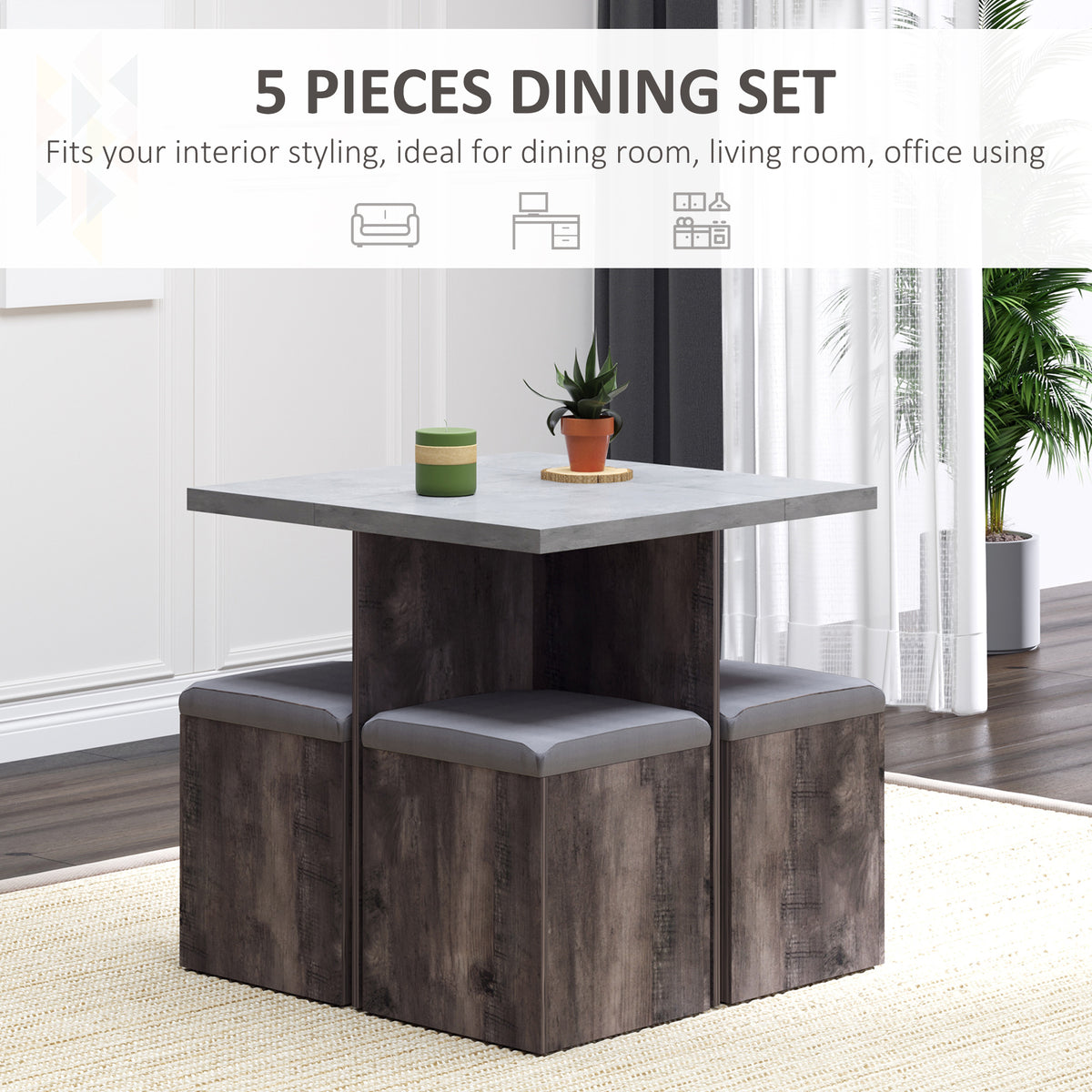 Wooden Dining Table 78cm Wide Square With 4 Storage Stools - Velmora