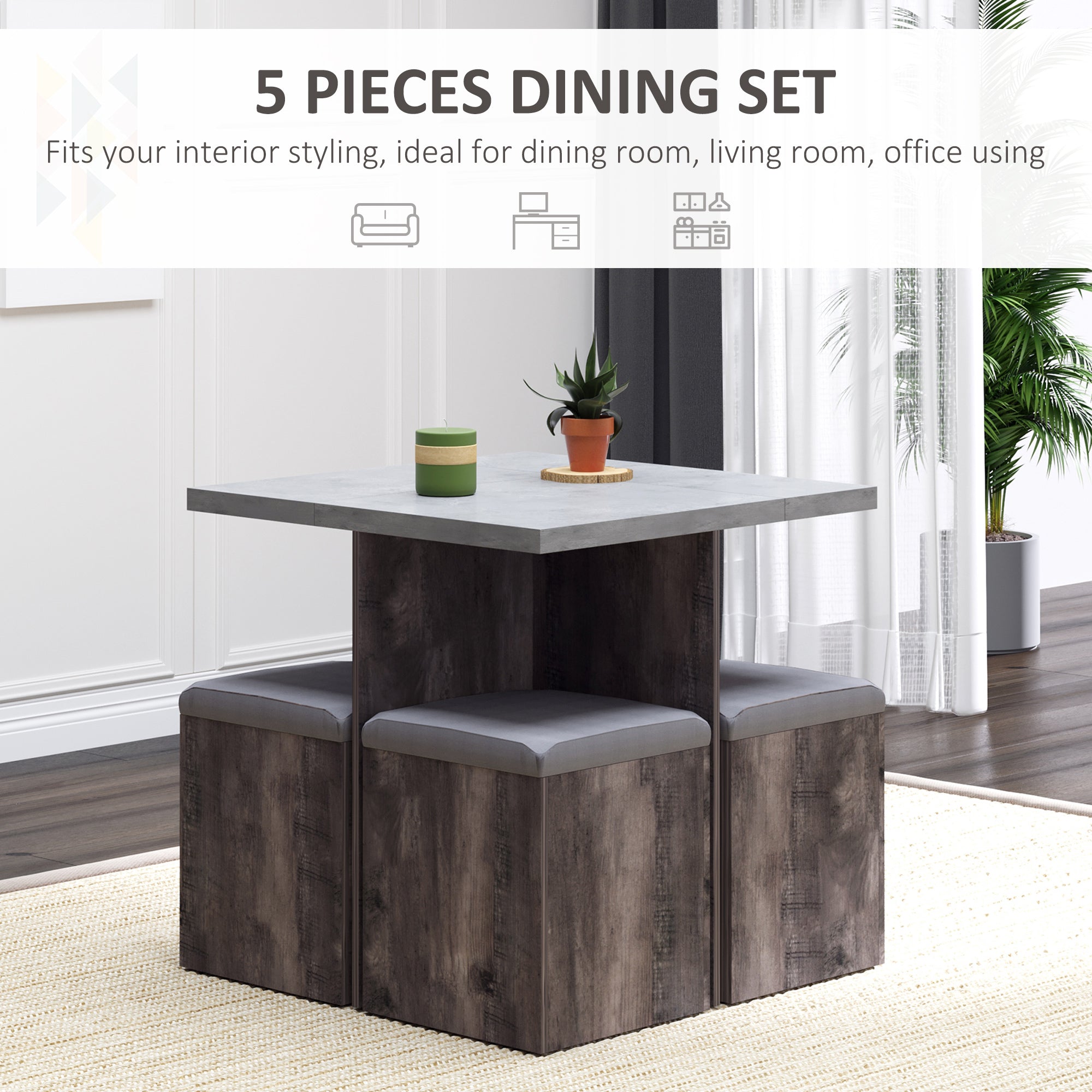 Wooden Dining Table 78cm Wide Square With 4 Storage Stools - Velmora