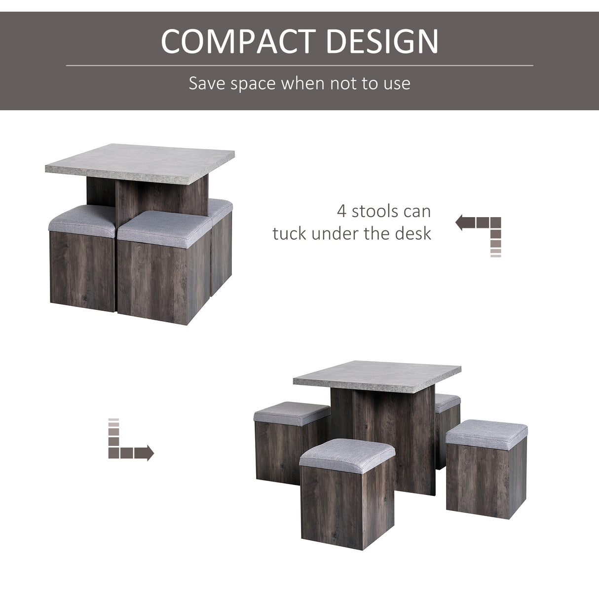 Wooden Dining Table 78cm Wide Square With 4 Storage Stools - Velmora