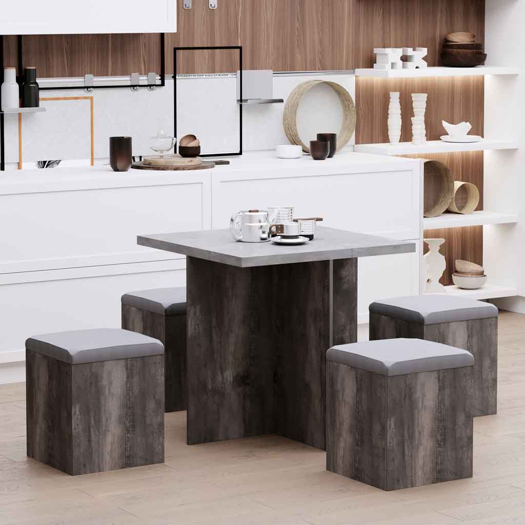 Wooden Dining Table 78cm Wide Square With 4 Storage Stools - Velmora