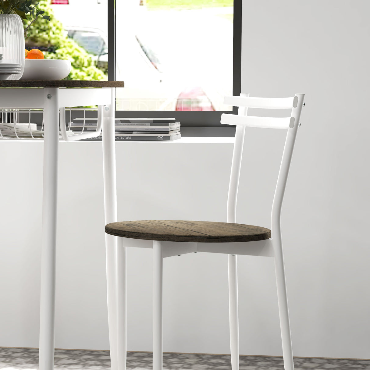 Wooden Dining Table 90cm Wide Rectangular With 2 Chairs And White Steel Frame - Velmora