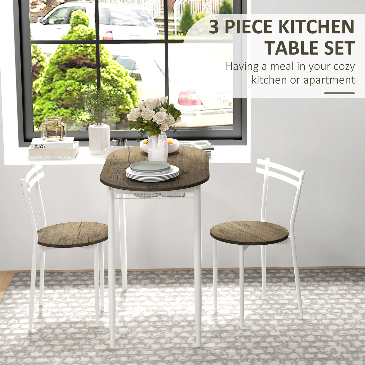 Wooden Dining Table 90cm Wide Rectangular With 2 Chairs And White Steel Frame - Velmora