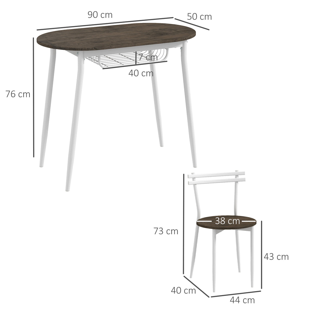 Wooden Dining Table 90cm Wide Rectangular With 2 Chairs And White Steel Frame - Velmora