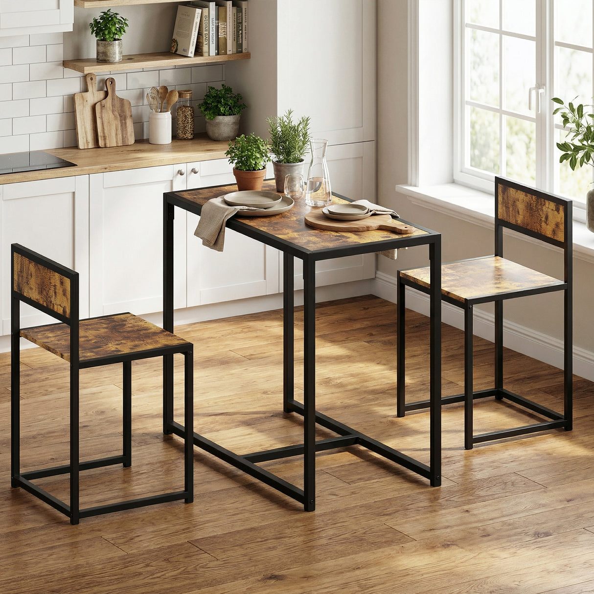 Wooden Dining Table 90cm Wide Rectangular With 2 Chairs - Velmora