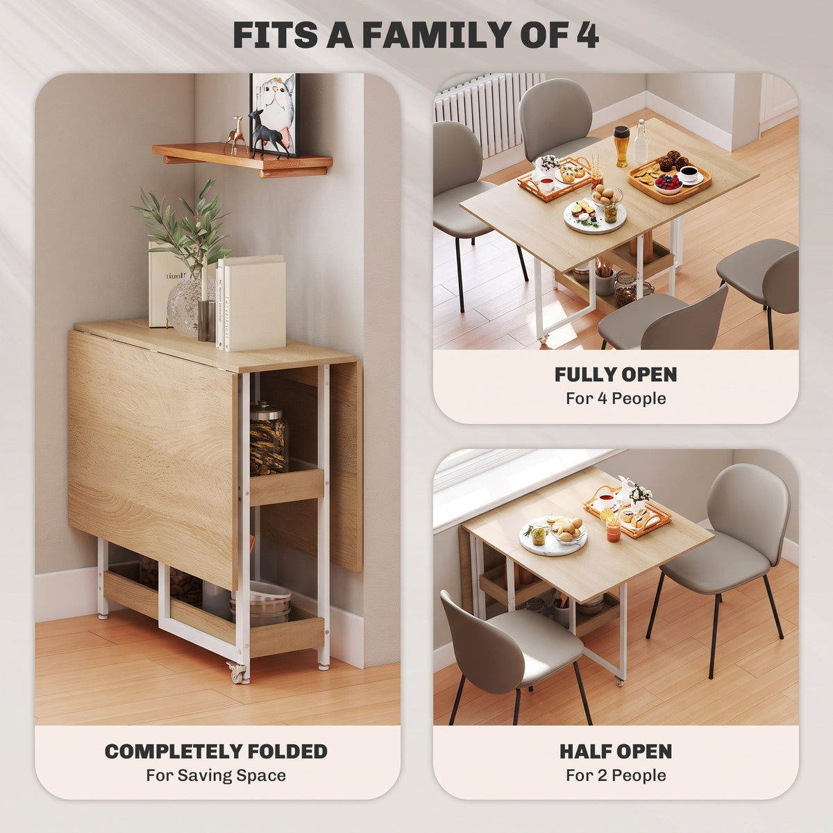Wooden Dining Table Drop Leaf 133.4cm Wide for 4 People - Velmora
