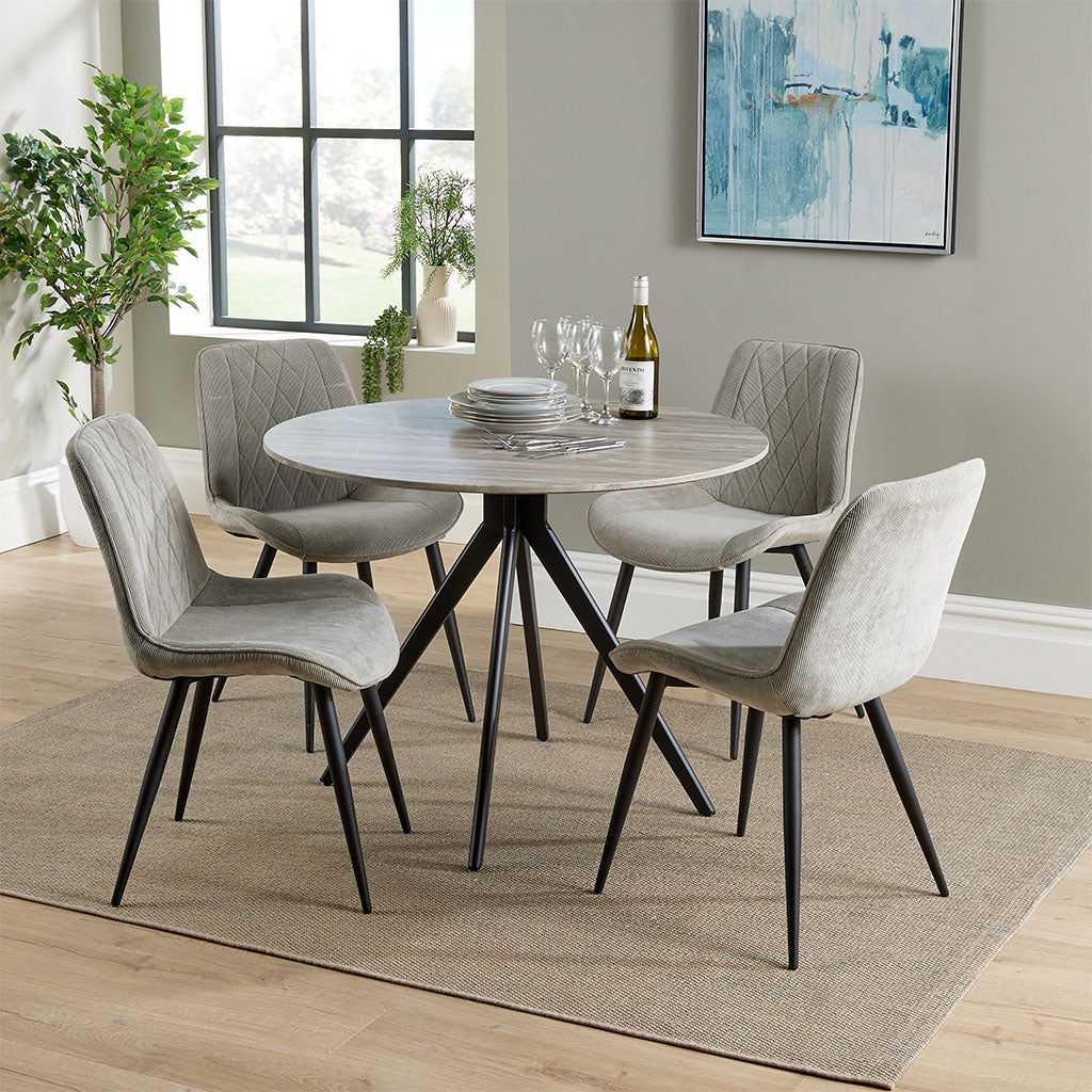 Wooden Dining Table in Grey Sonoma Oak Round With 4 Diamond Stitch Chairs - Aspen