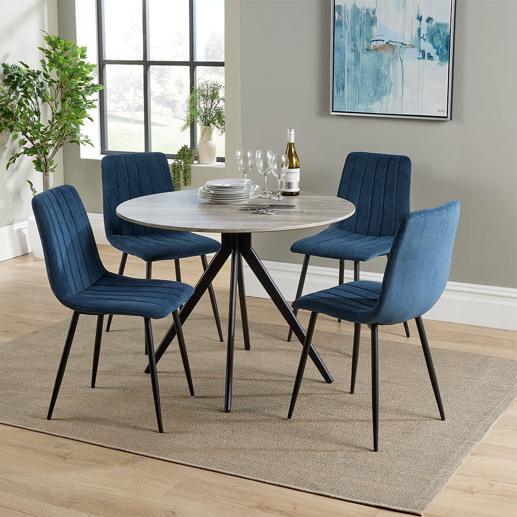 Wooden Dining Table in Grey Sonoma Oak Round With 4 Straight Stitch Chairs - Aspen