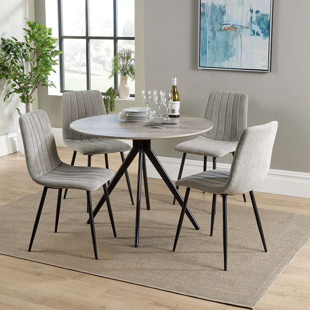 Wooden Dining Table in Grey Sonoma Oak Round With 4 Straight Stitch Chairs - Aspen