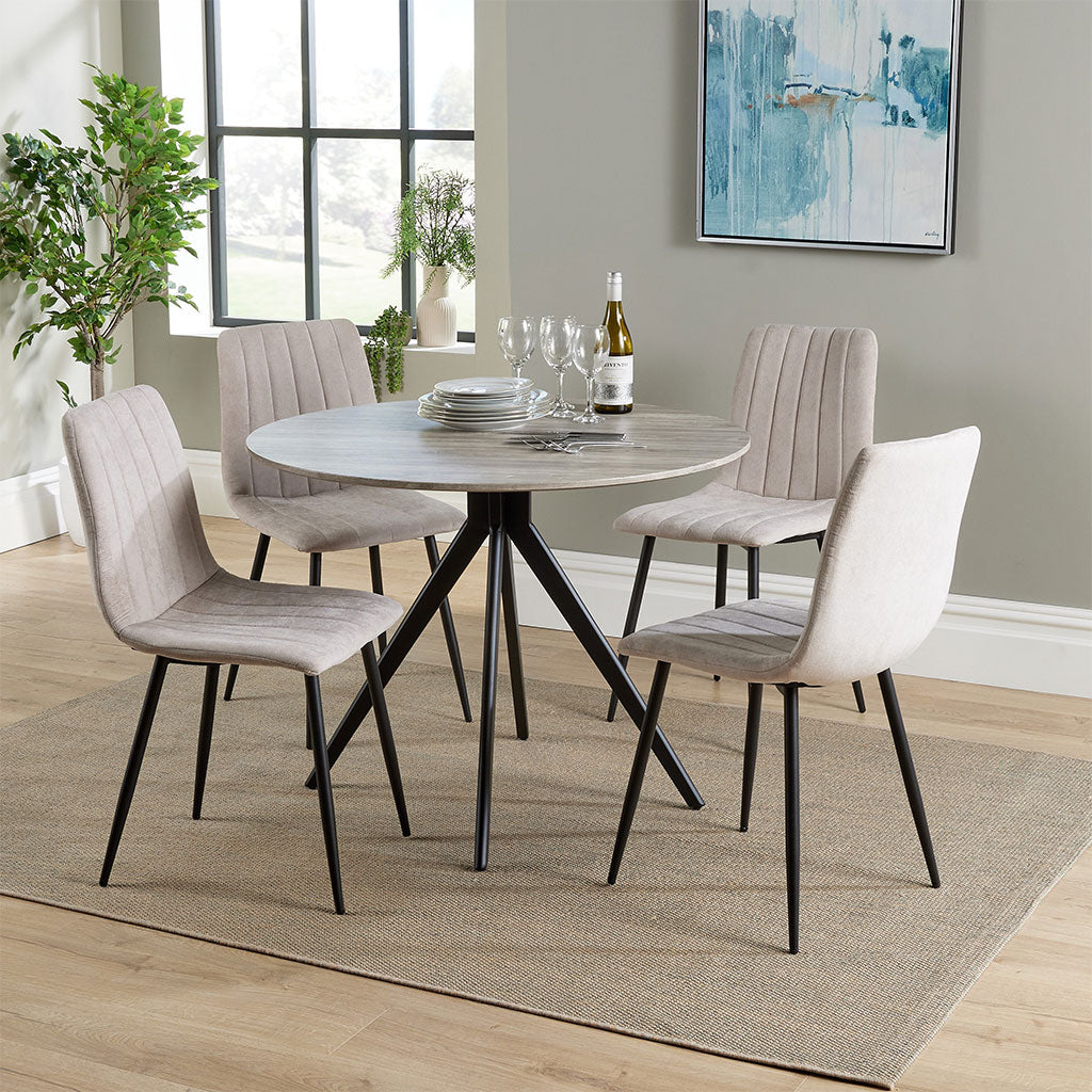 Wooden Dining Table in Grey Sonoma Oak Round With 4 Straight Stitch Chairs - Aspen