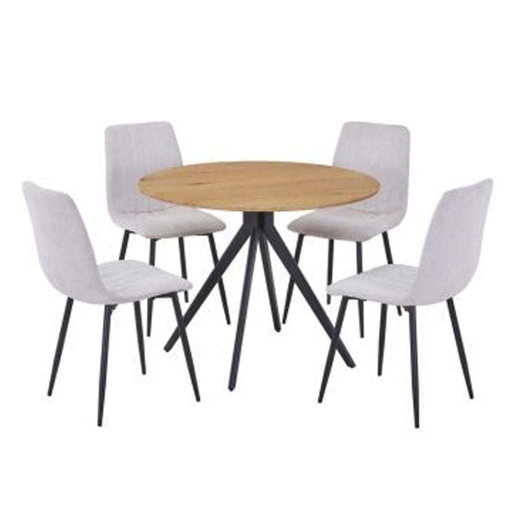Wooden Dining Table in Light Oak Round With 4 Straight Stitch Chairs - Aspen