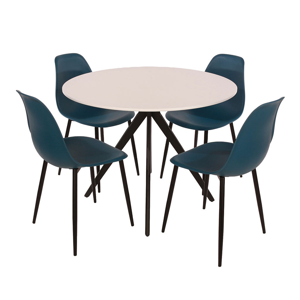 Wooden Dining Table in White Round With 4 Curve Chairs - Aspen