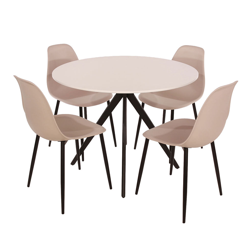 Wooden Dining Table in White Round With 4 Curve Chairs - Aspen