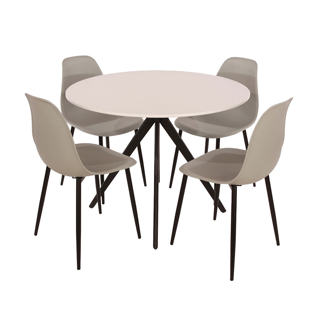 Wooden Dining Table in White Round With 4 Curve Chairs - Aspen