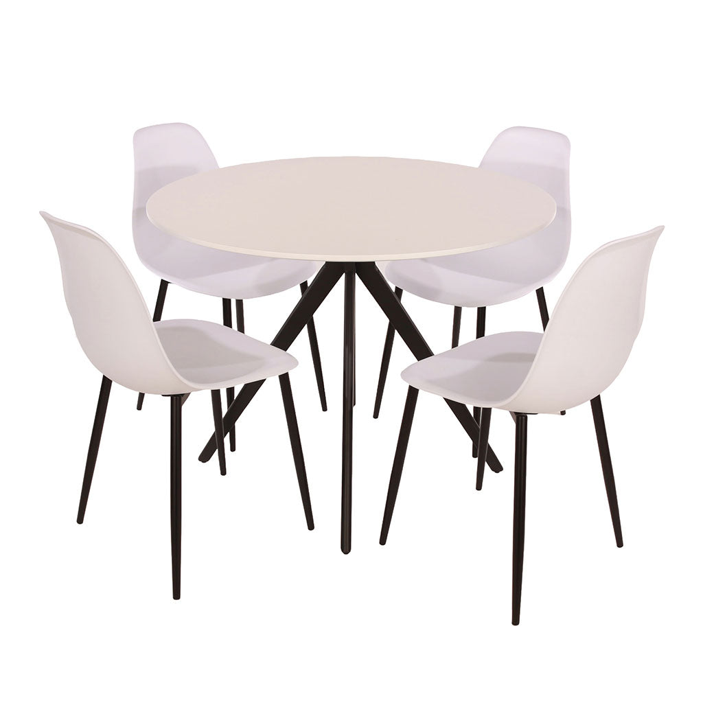 Wooden Dining Table in White Round With 4 Curve Chairs - Aspen