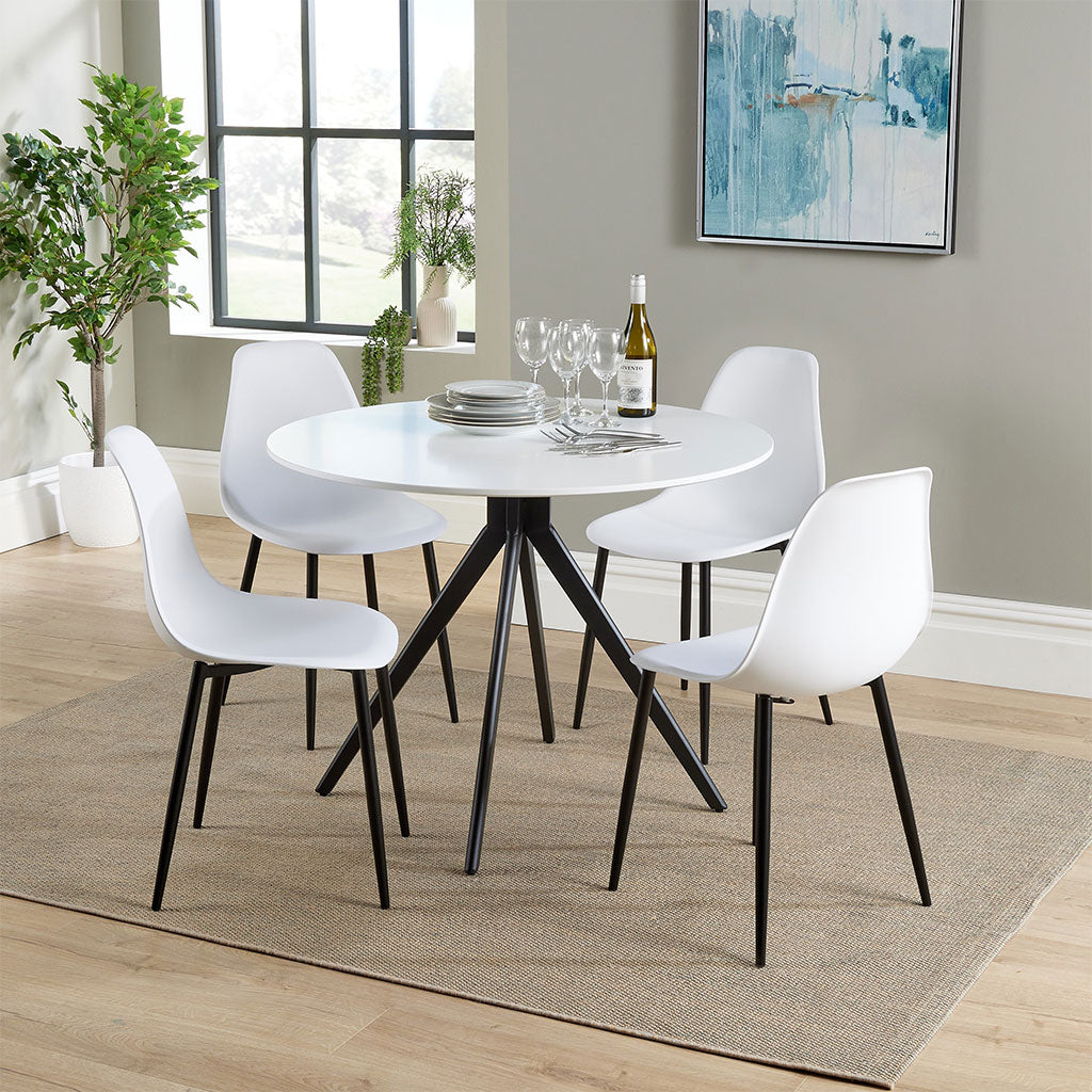 Wooden Dining Table in White Round With 4 Curve Chairs - Aspen