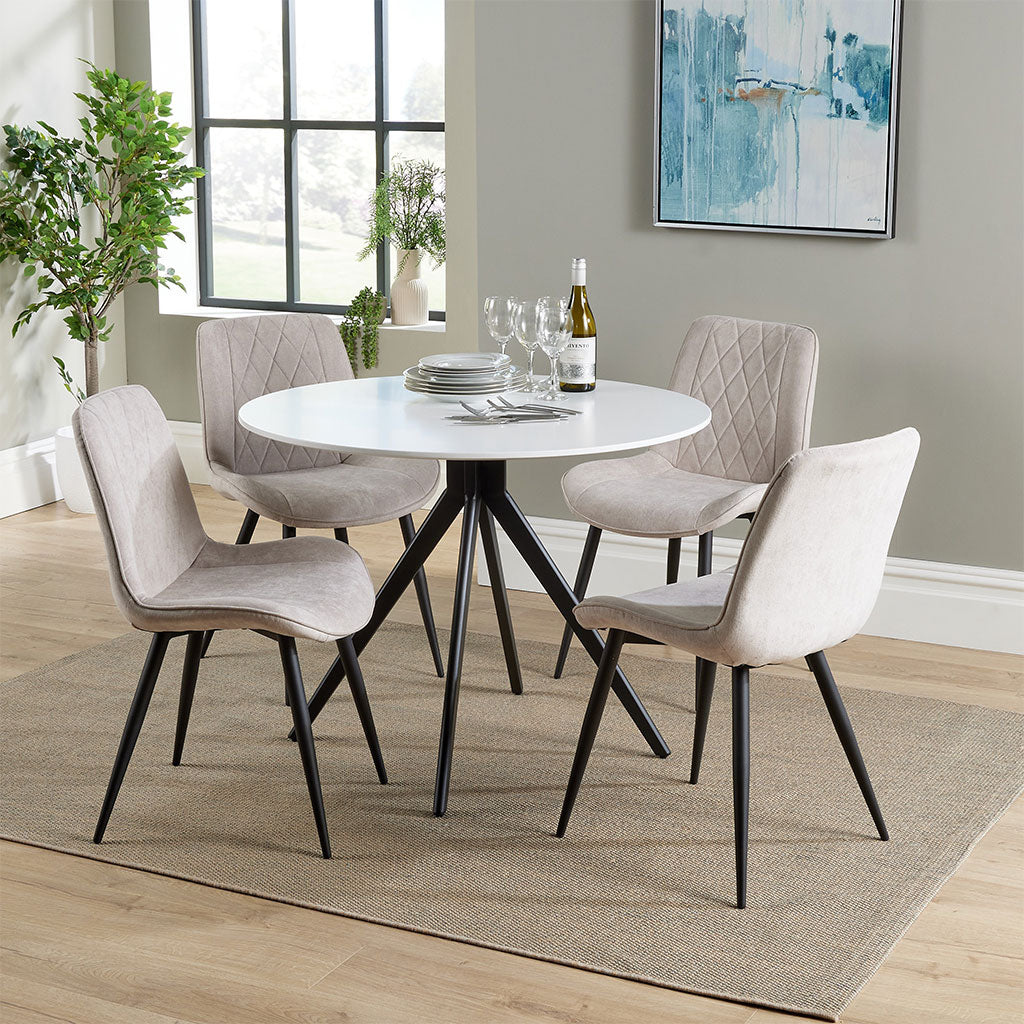 Wooden Dining Table in White Round With 4 Diamond Stitch Chairs - Aspen