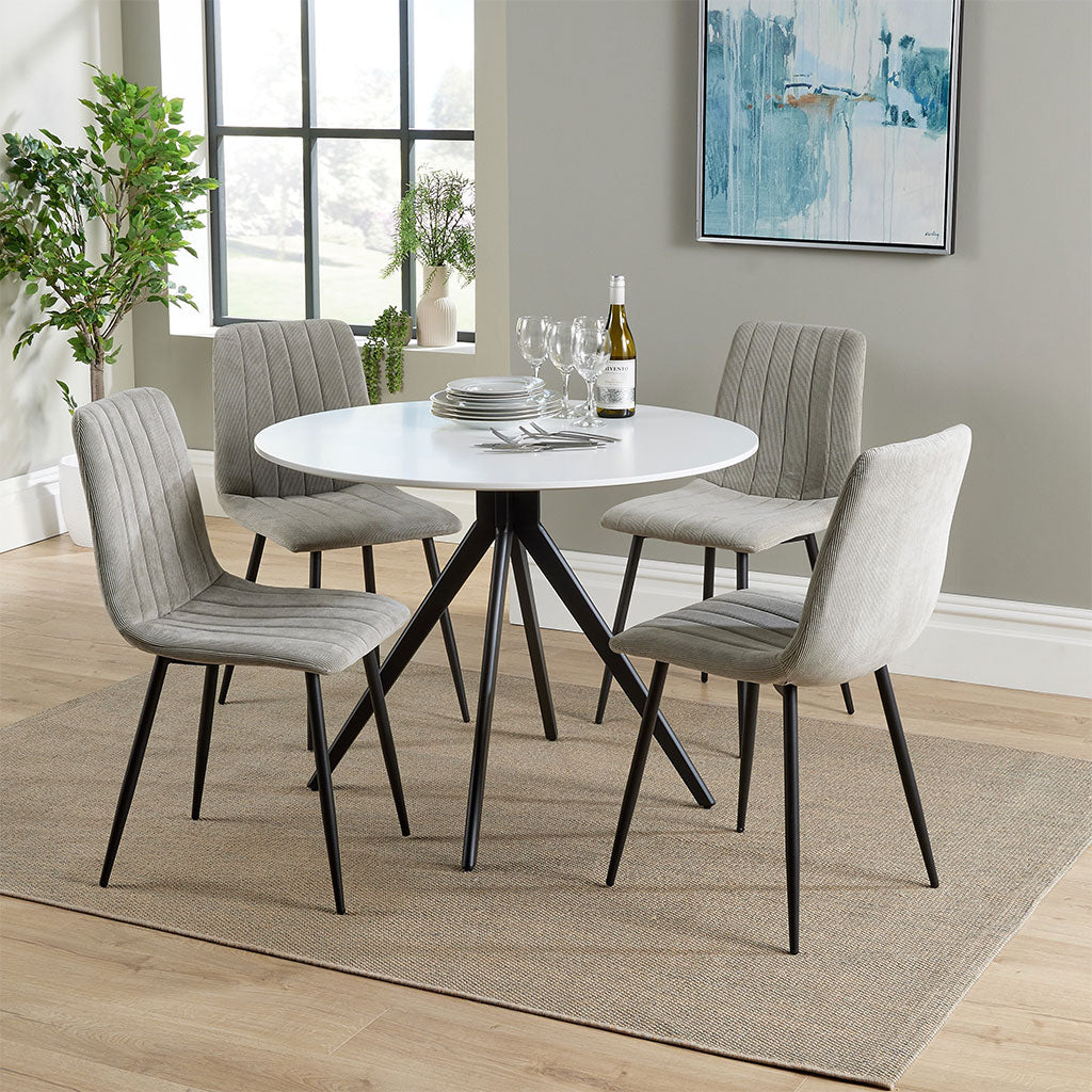 Wooden Dining Table in White Round With 4 Straight Stitch Chairs - Aspen