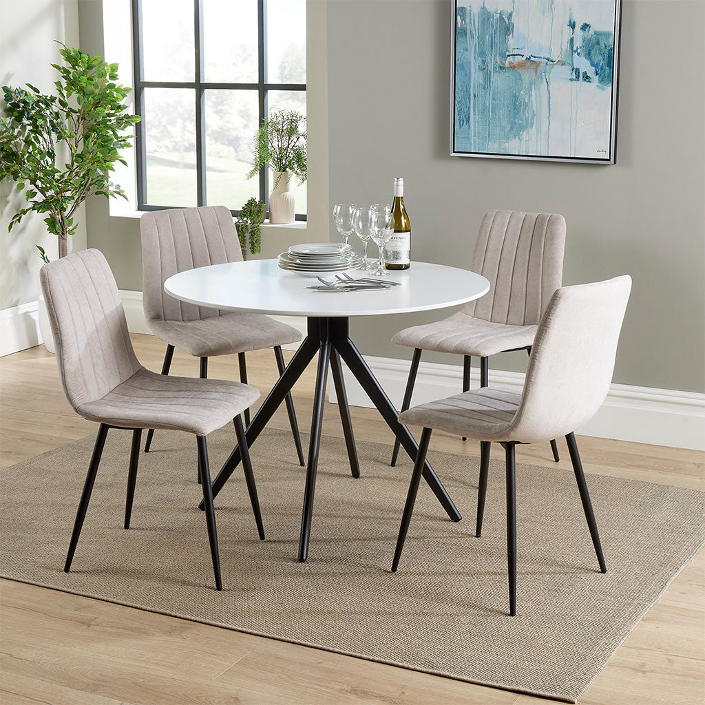 Wooden Dining Table in White Round With 4 Straight Stitch Chairs - Aspen