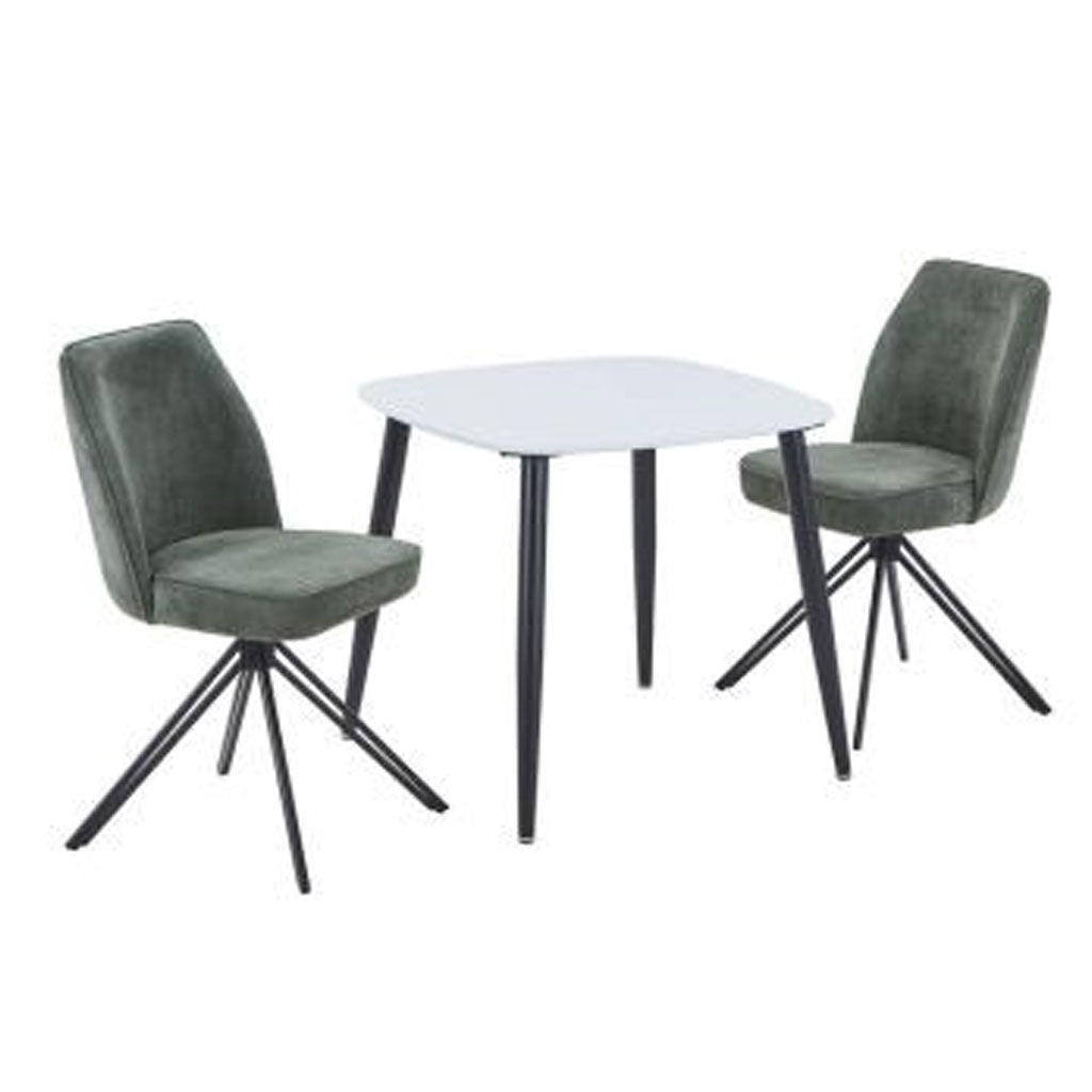 Wooden Dining Table in White Square With 2 Swivel Chairs - Aspen