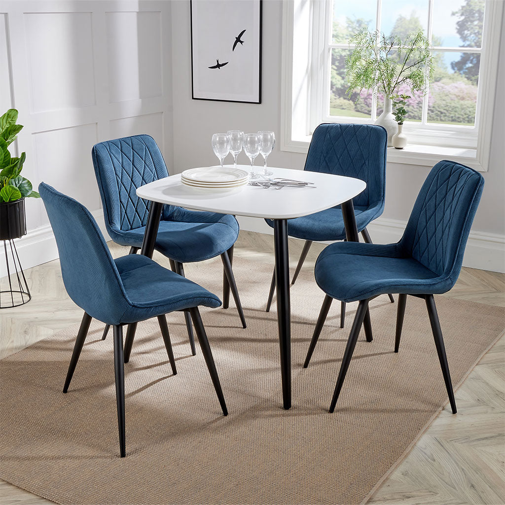 Wooden Dining Table in White Square With 4 Diamond Stitch Chairs - Aspen
