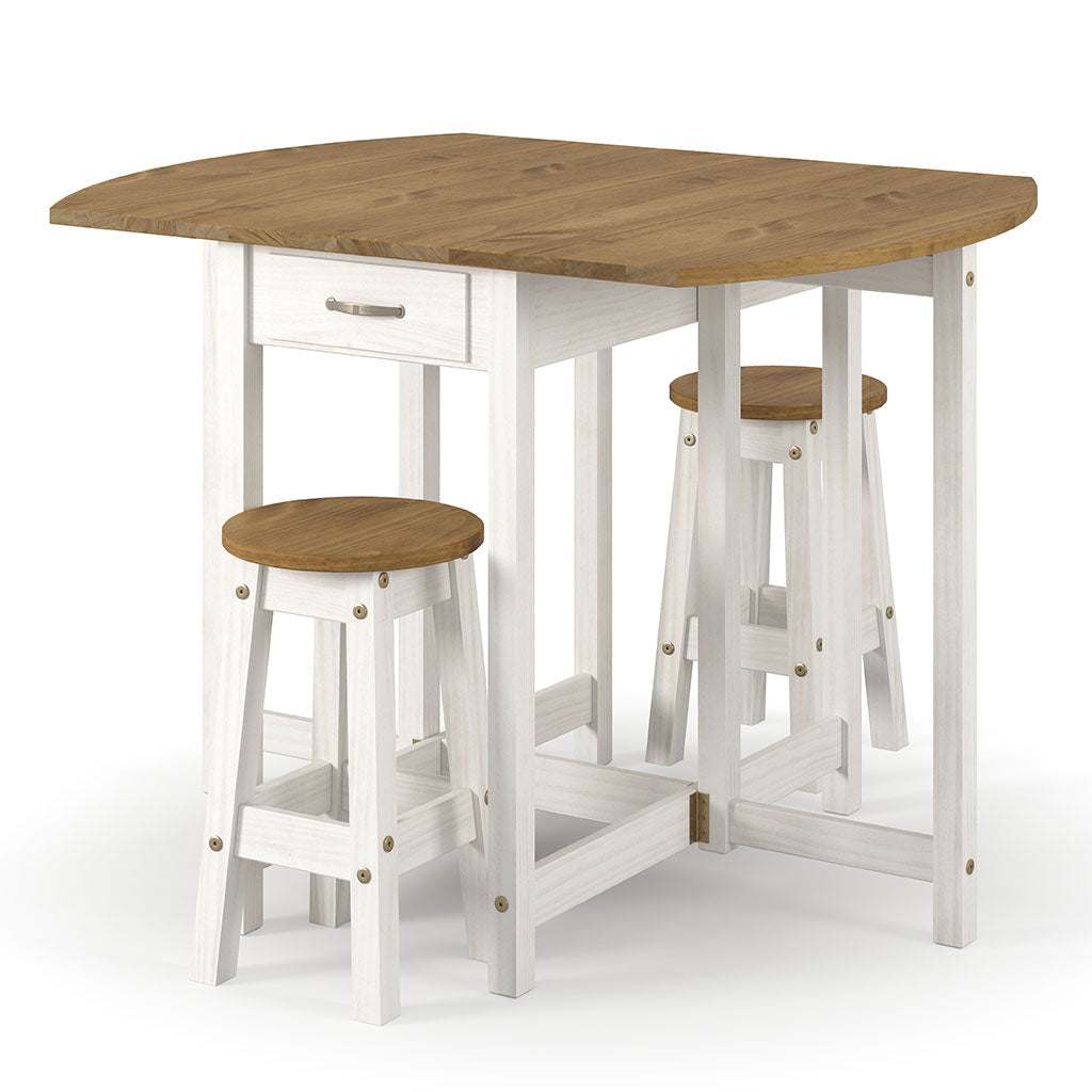 Wooden Dining Table Oval Drop Leaf With 2 Dining Stools - Corona