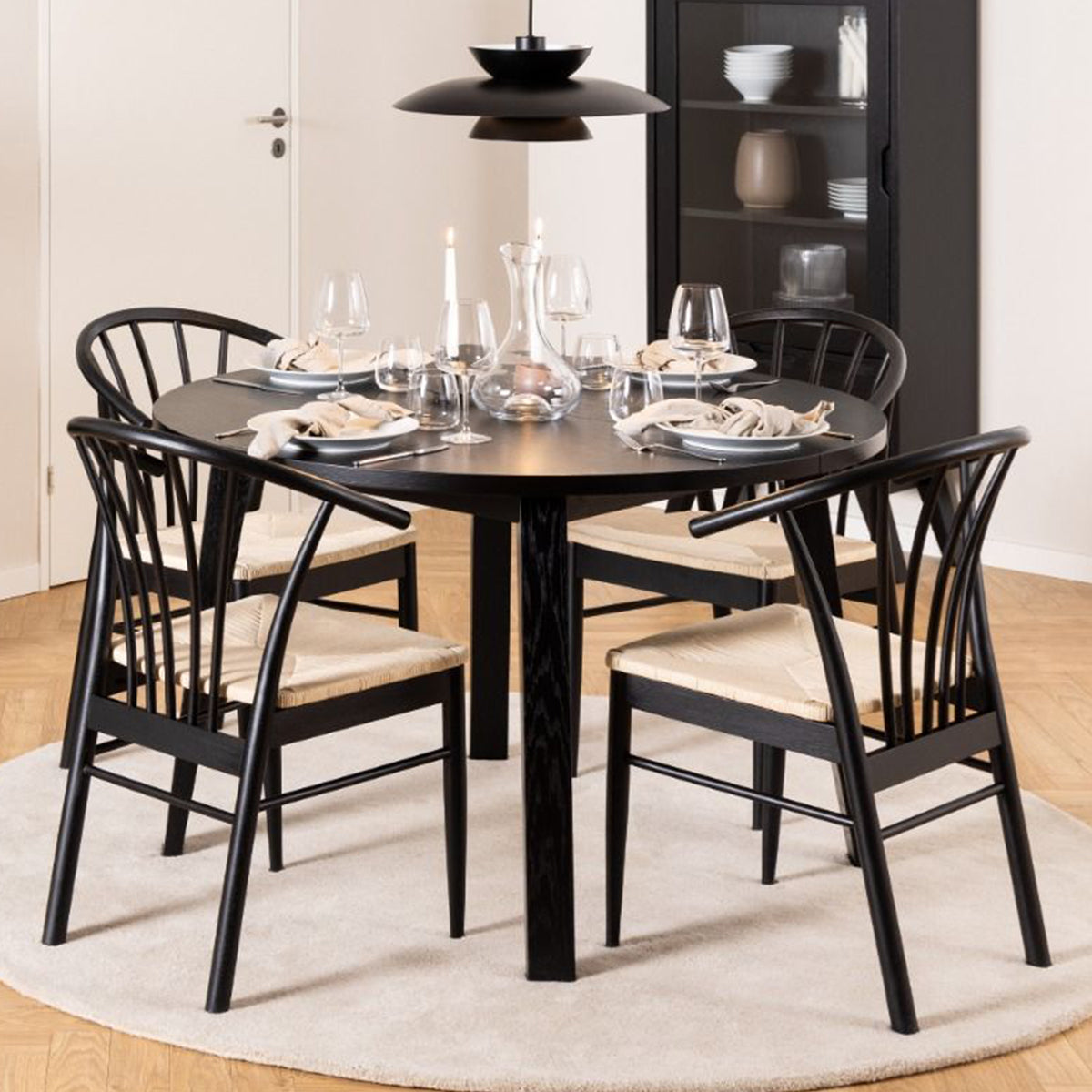 Wooden Dining Table Round Extending With 4 Cassandra Black Dining Chairs - Montreux