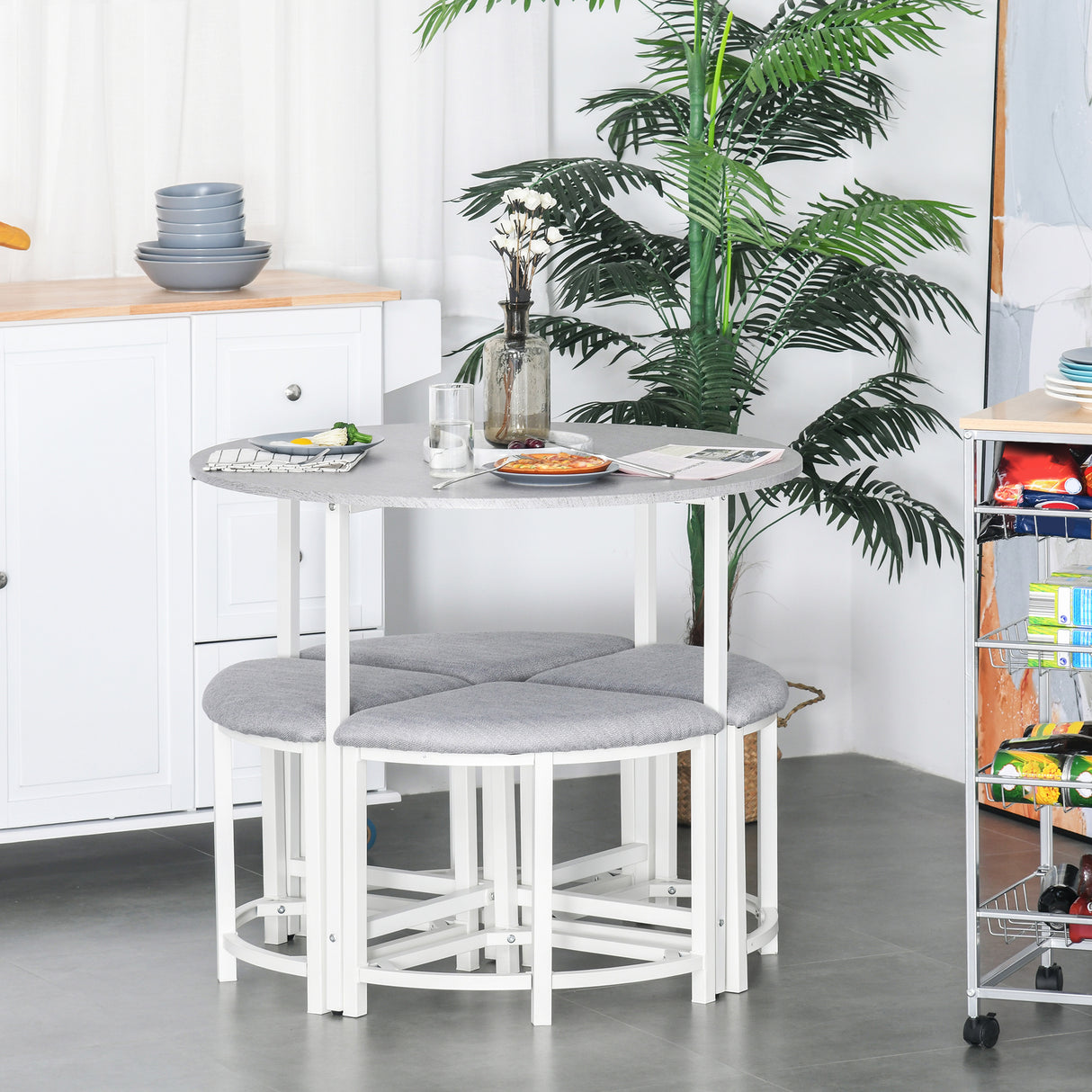 Wooden Dining Table Round With 4 Upholstered Stools - Velmora