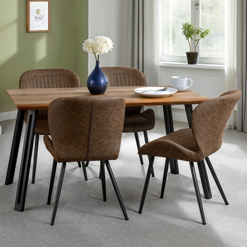 Wooden Dining Table Straight Edge With 4 Brown Dining Chairs - Quebec