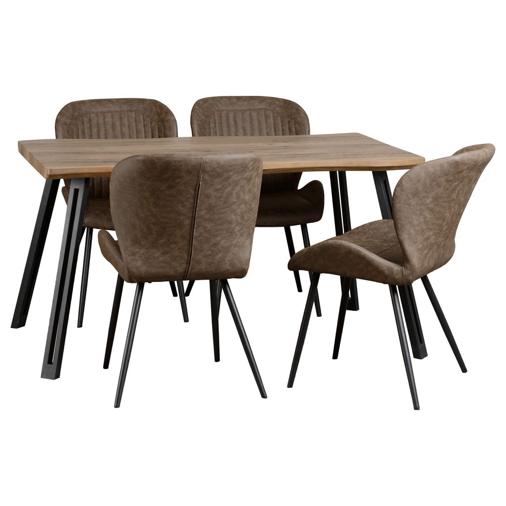 Wooden Dining Table Wave Edge With 4 Brown Dining Chairs - Quebec