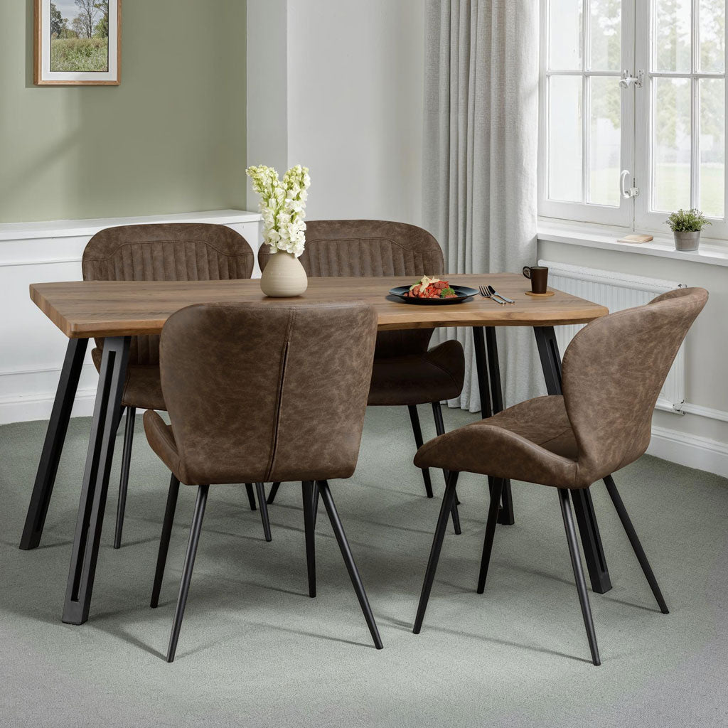 Wooden Dining Table Wave Edge With 4 Brown Dining Chairs - Quebec