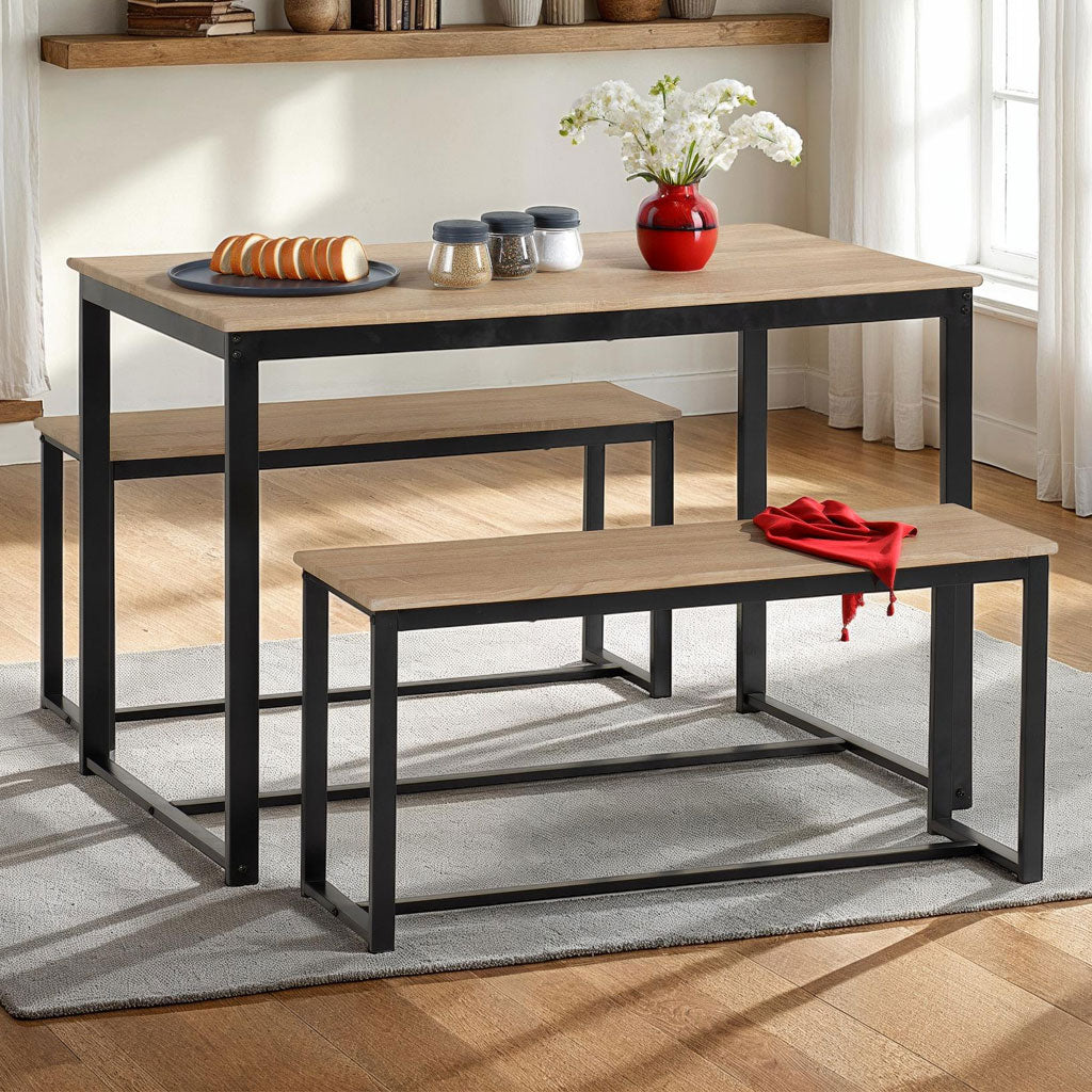 Wooden Dining Table With 2 Dining Benches - Lincoln