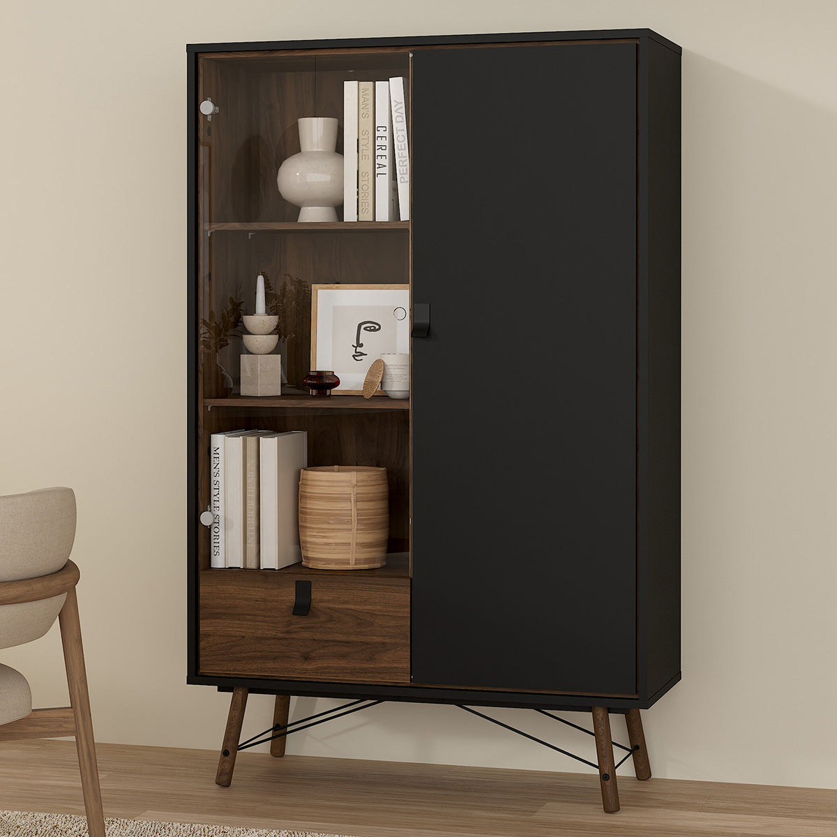 Wooden Display Cabinet With 1 Door 1 Glass Door And 1 Drawer - Ry