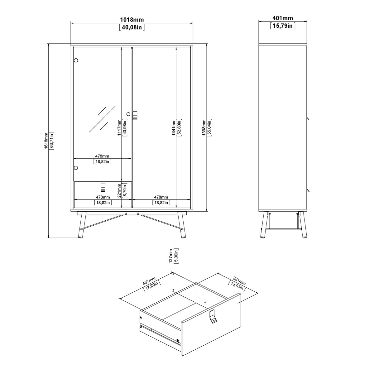 Wooden Display Cabinet With 1 Door 1 Glass Door And 1 Drawer - Ry