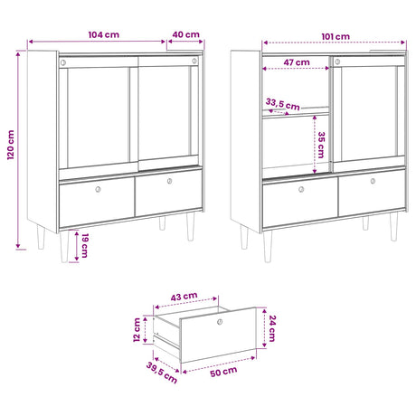 Wooden Display Cabinet 104cm Wide With 2 Sliding Doors And 2 Drawers - Bilbao