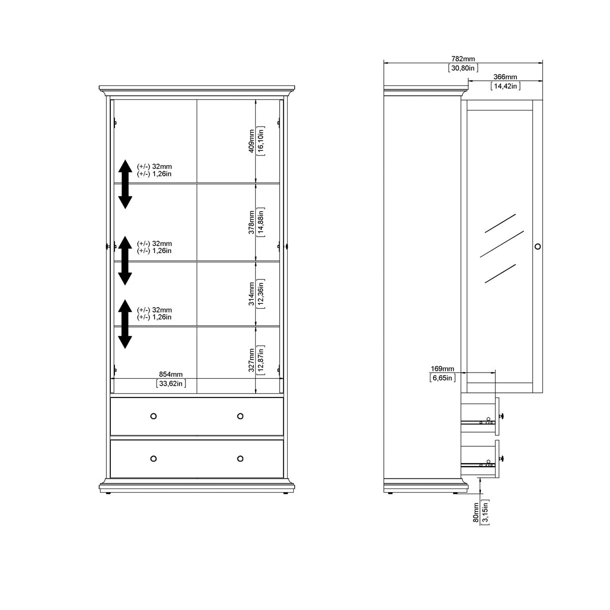 Wooden Display Cabinet With 2 Glass Doors With 2 Drawers - Paris