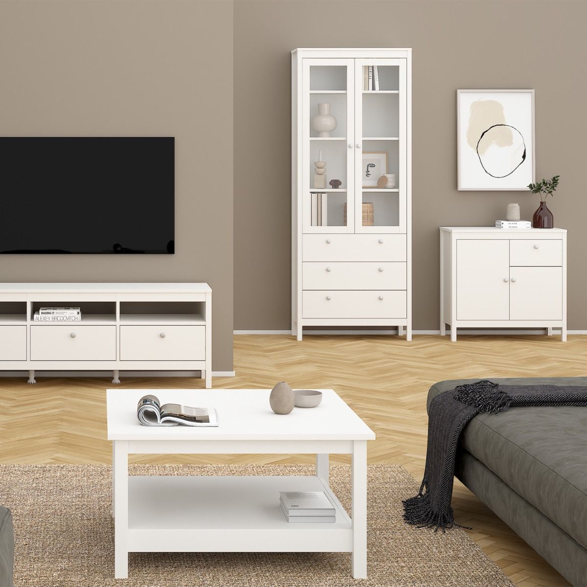 Wooden Display Cabinet With 2 Glass Doors And 3 Drawers - Madrid