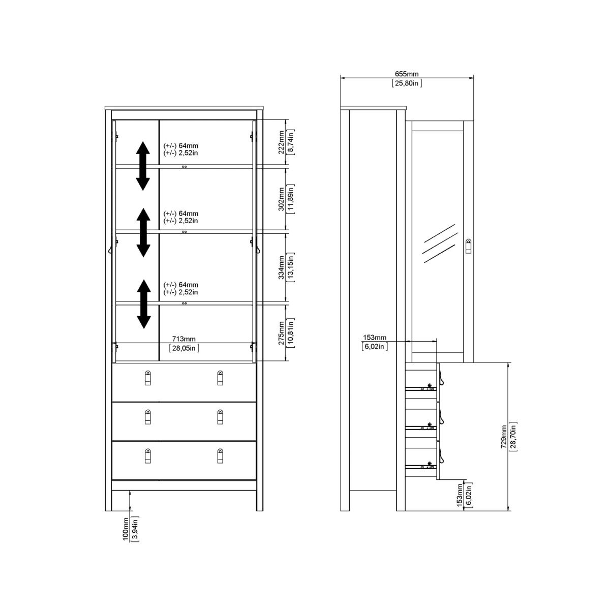 Wooden Display Cabinet With 2 Glass Doors And 3 Drawers - Madrid