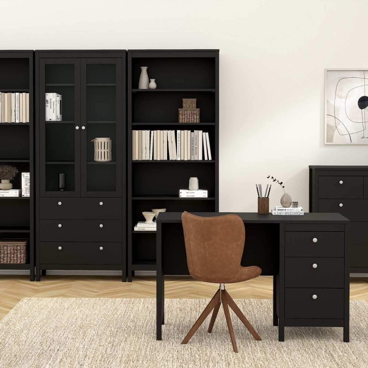 Wooden Display Cabinet With 2 Glass Doors And 3 Drawers - Madrid