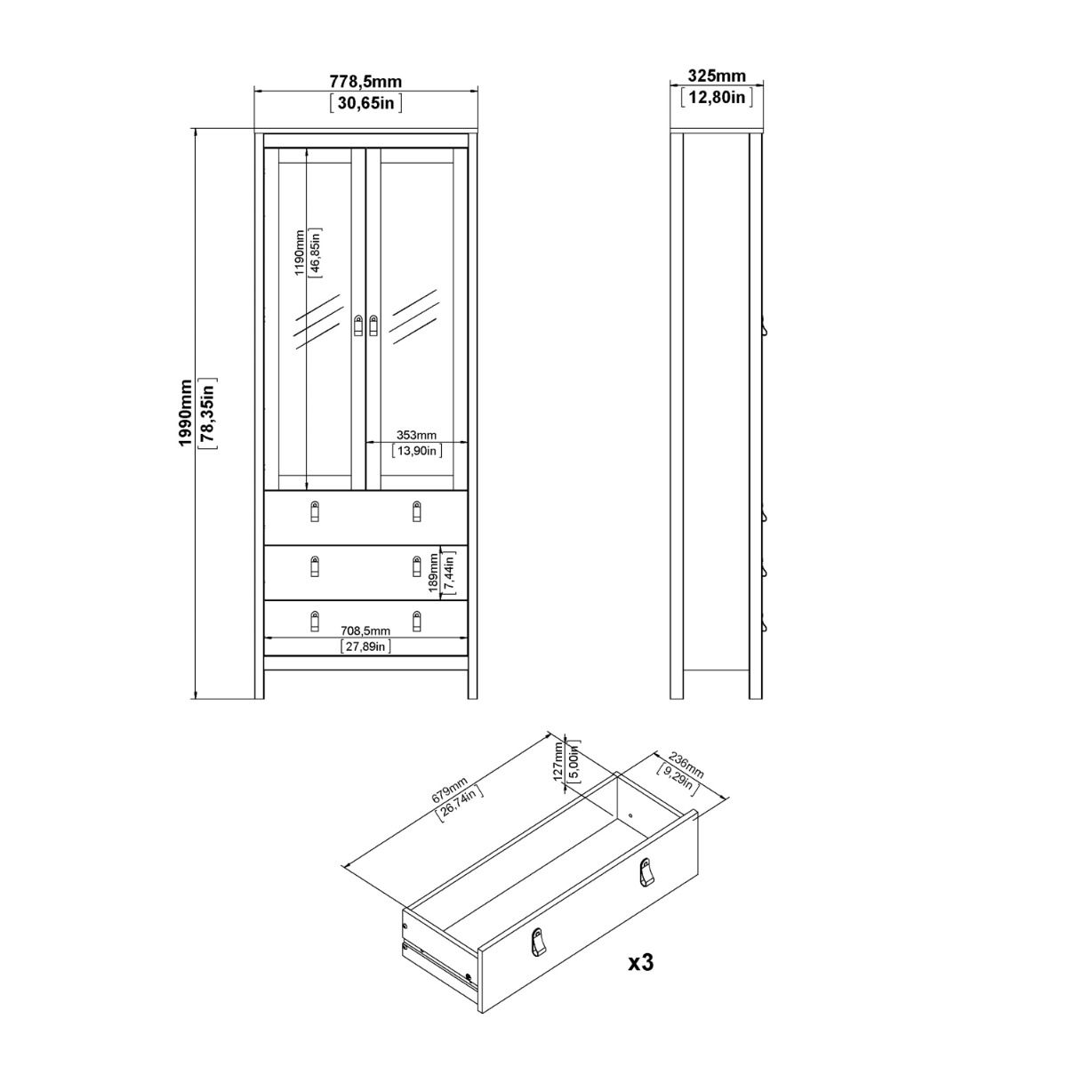 Wooden Display Cabinet With 2 Glass Doors And 3 Drawers - Madrid