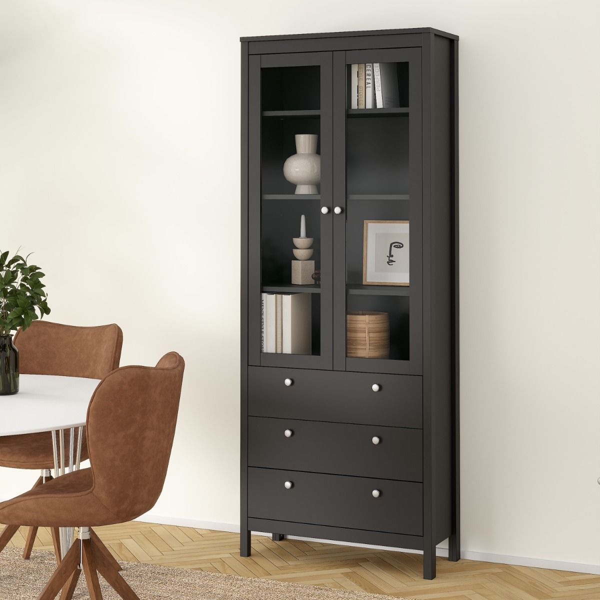 Wooden Display Cabinet With 2 Glass Doors And 3 Drawers - Madrid