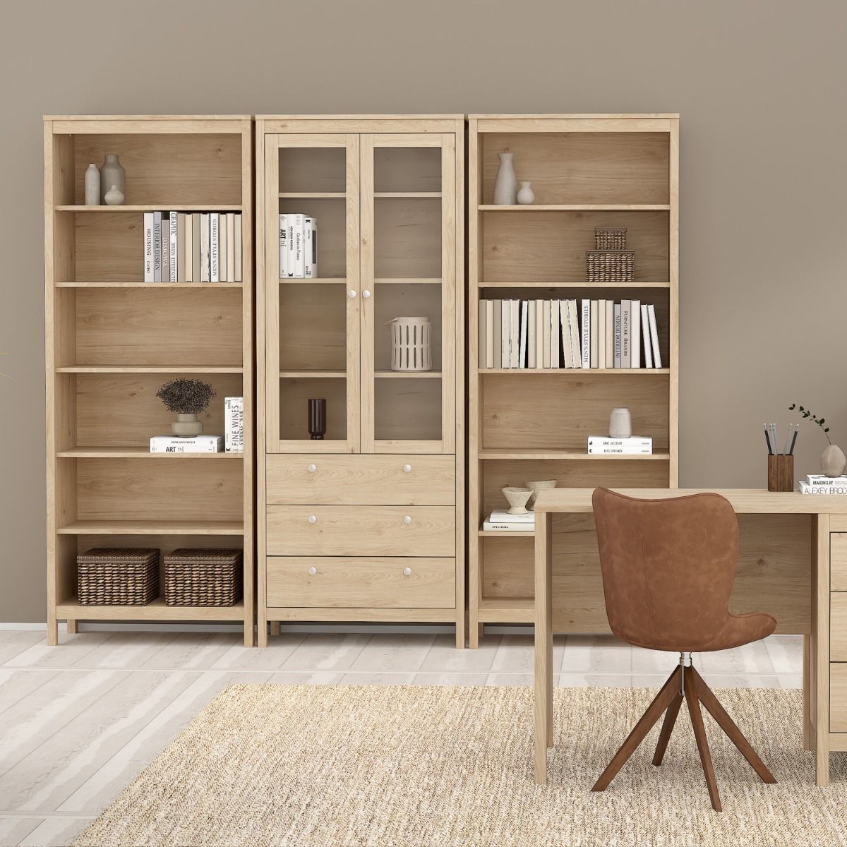 Wooden Display Cabinet With 2 Glass Doors And 3 Drawers - Madrid