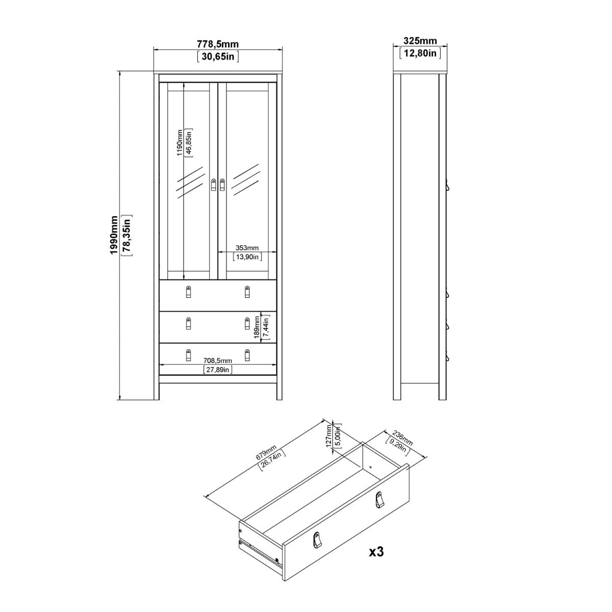 Wooden Display Cabinet With 2 Glass Doors And 3 Drawers - Madrid