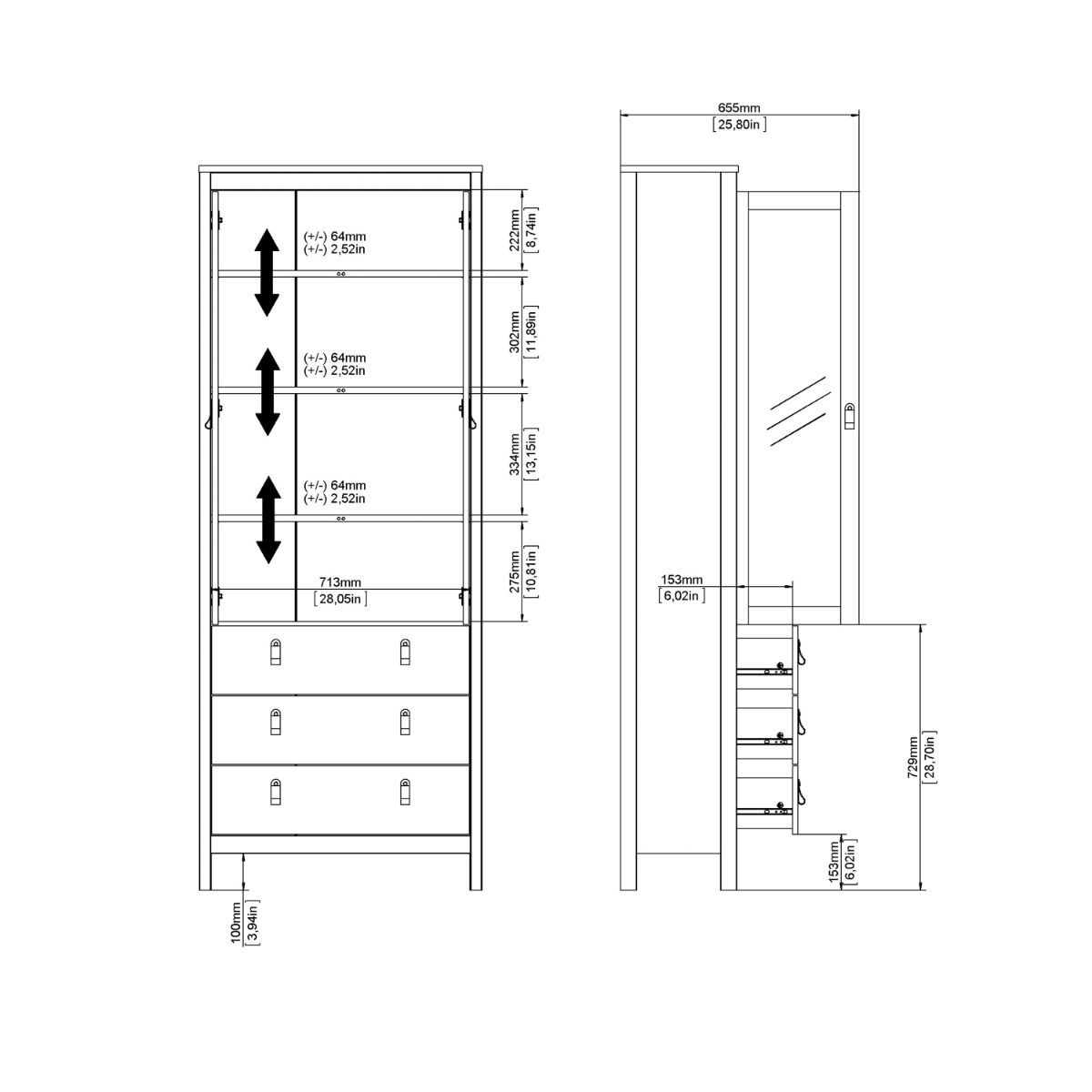 Wooden Display Cabinet With 2 Glass Doors And 3 Drawers - Madrid