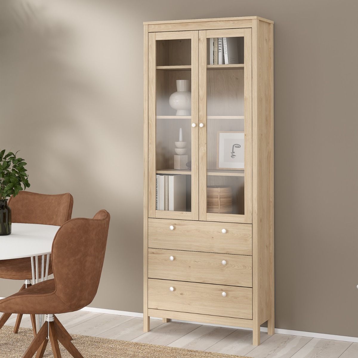 Wooden Display Cabinet With 2 Glass Doors And 3 Drawers - Madrid