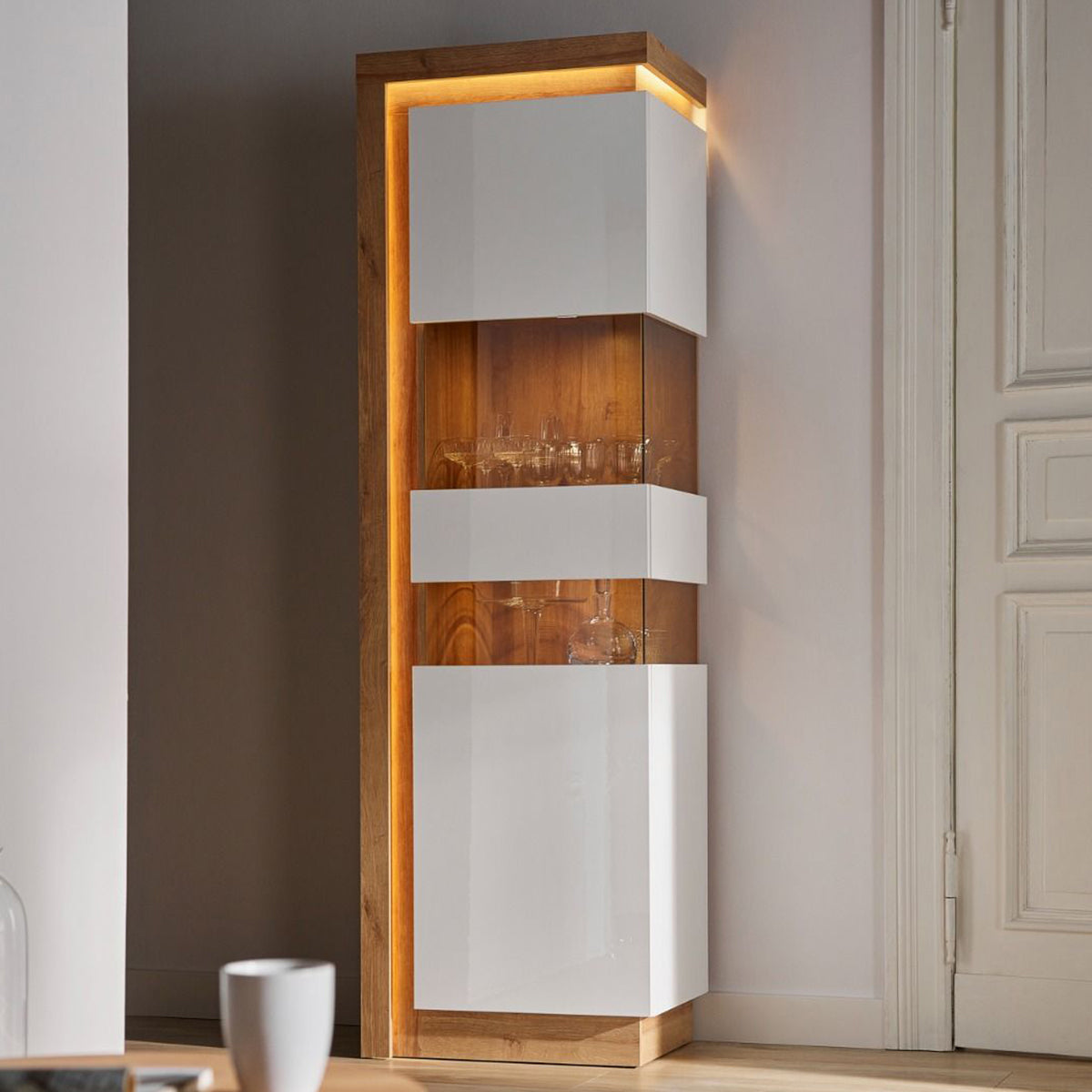 Wooden Display Cabinet Right Handed With 1 Smoky Glazed Door And LED Lights - Lyon