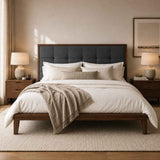 Wooden Double Bed 157.5cm Wide With Grey Fabric Headboard - Calla