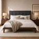 Wooden Double Bed 157.5cm Wide With Grey Fabric Headboard - Calla