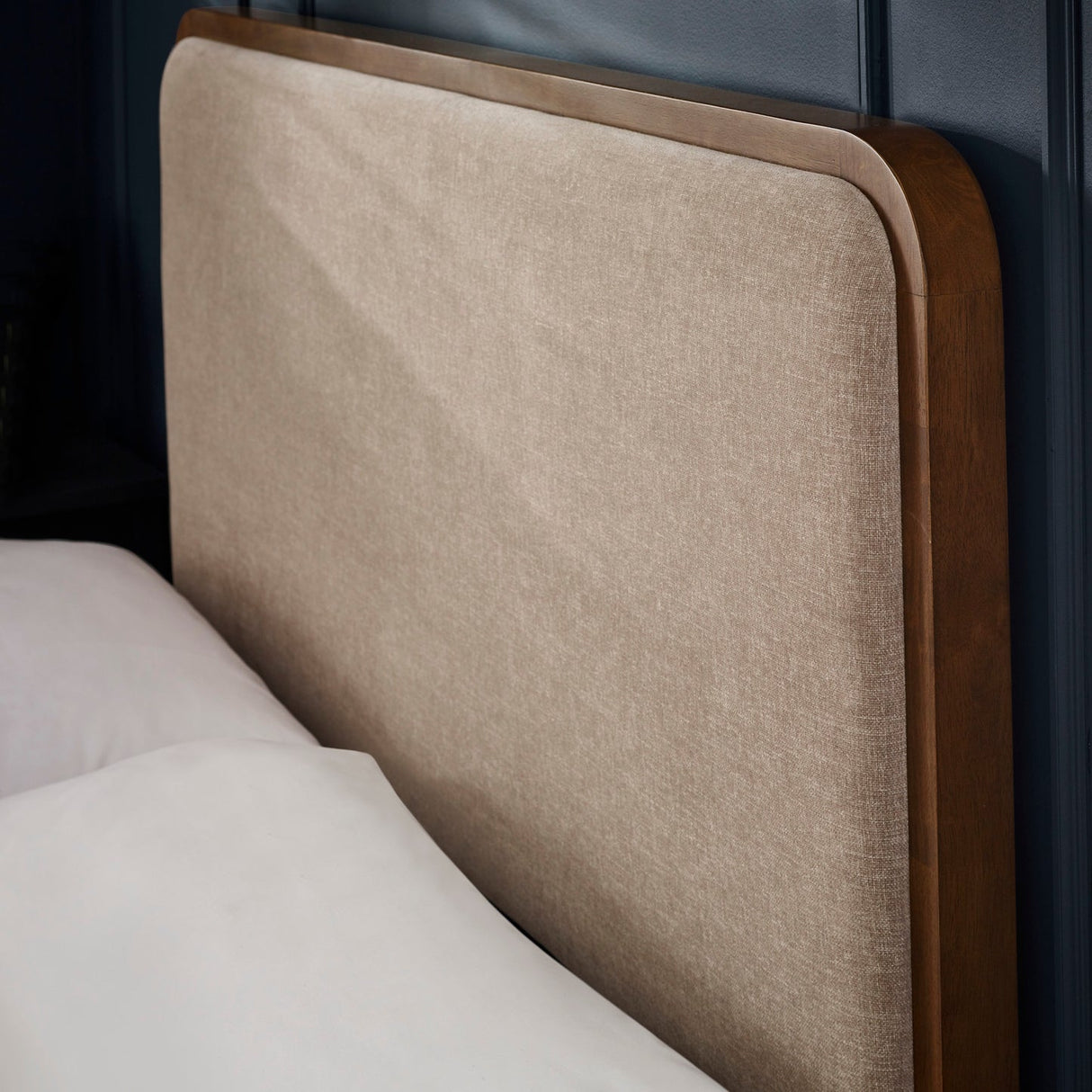 Wooden Double Bed With Grey Chenille Fabric Headboard - Walden