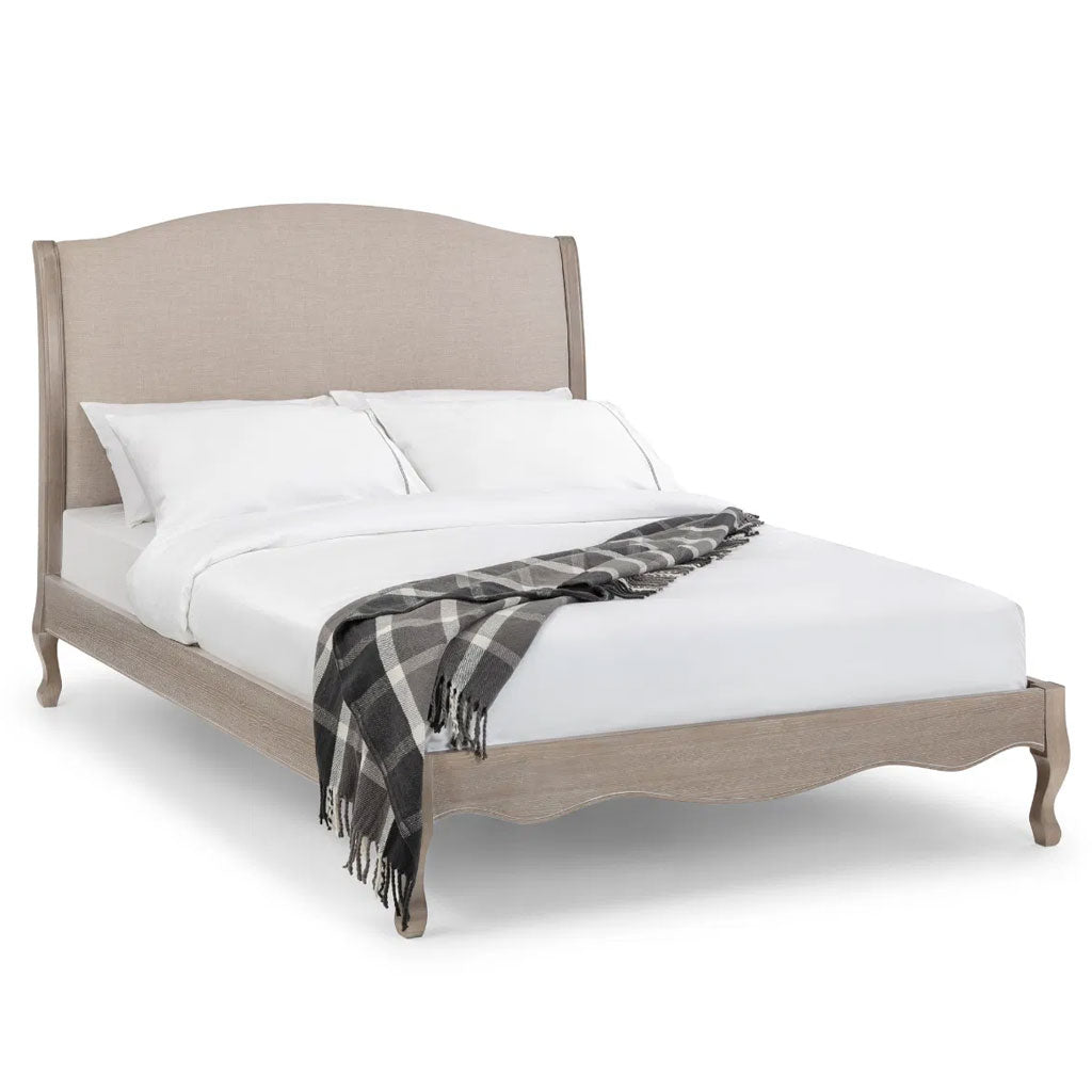 Wooden Double Bed With Linen Headboard - Camille