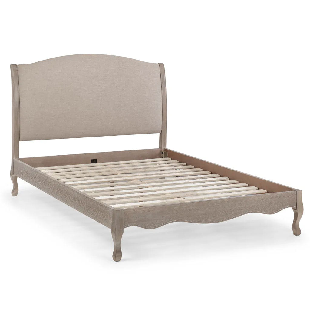 Wooden Double Bed With Linen Headboard - Camille